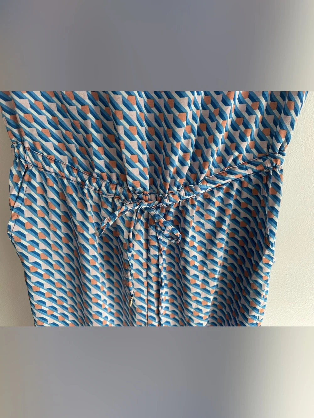 Skies Are Blue Blue Geometric Strapless Jumpsuit with Peach Accents Retro Vibe M